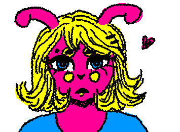 A gif of a cartoon pink moth-girl with yellow hair. She is very cute