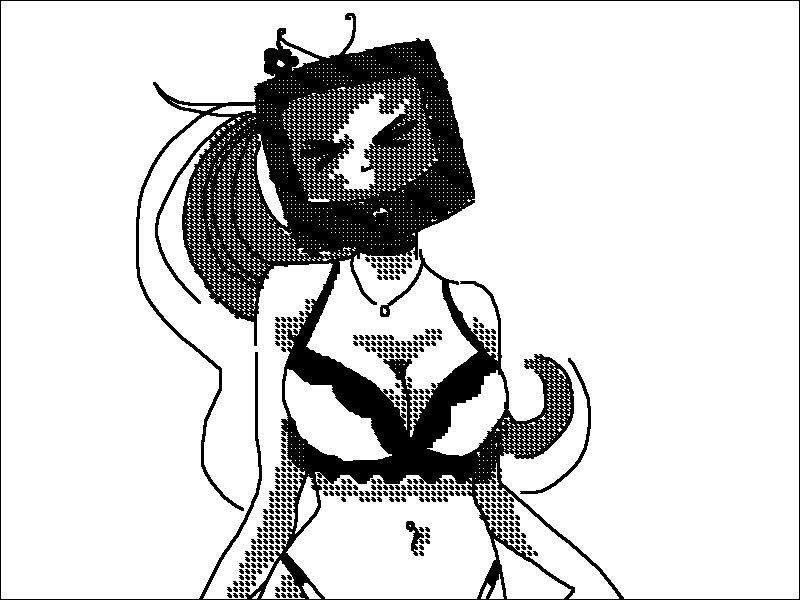 A drawing of a girl in a bikini with a TV for a head